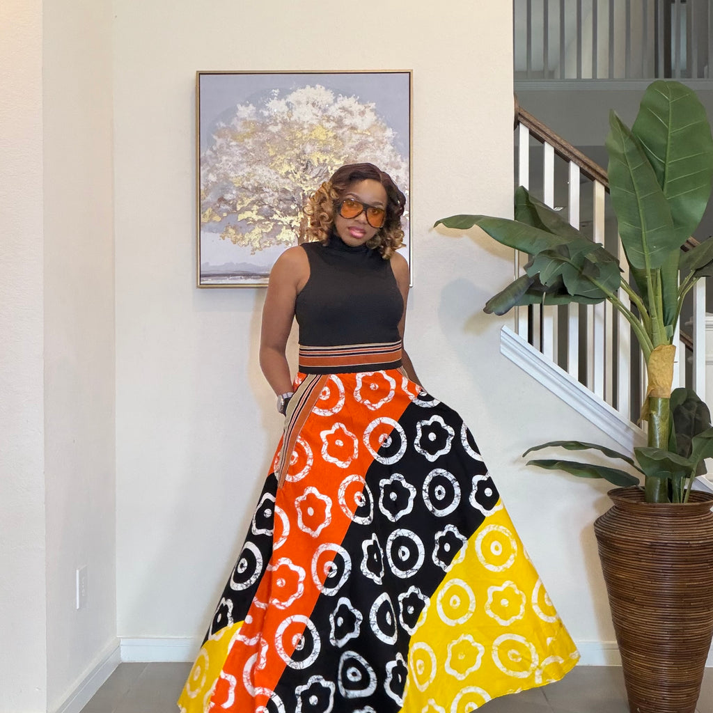 African Ankara Maxi Skirt, High Waist Skirt with Aso Oke Pockets