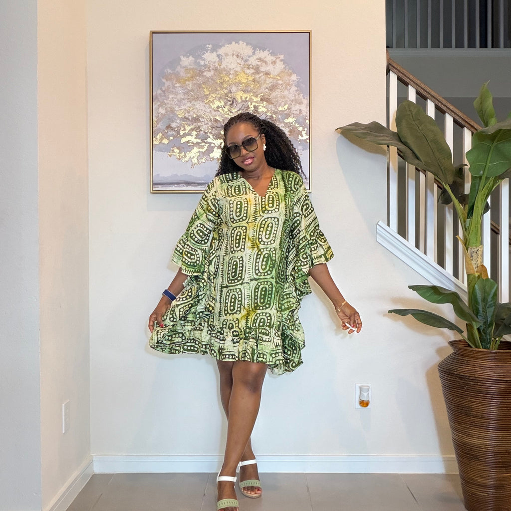 Olive Green Adire Crepe Dress Mini Dress.