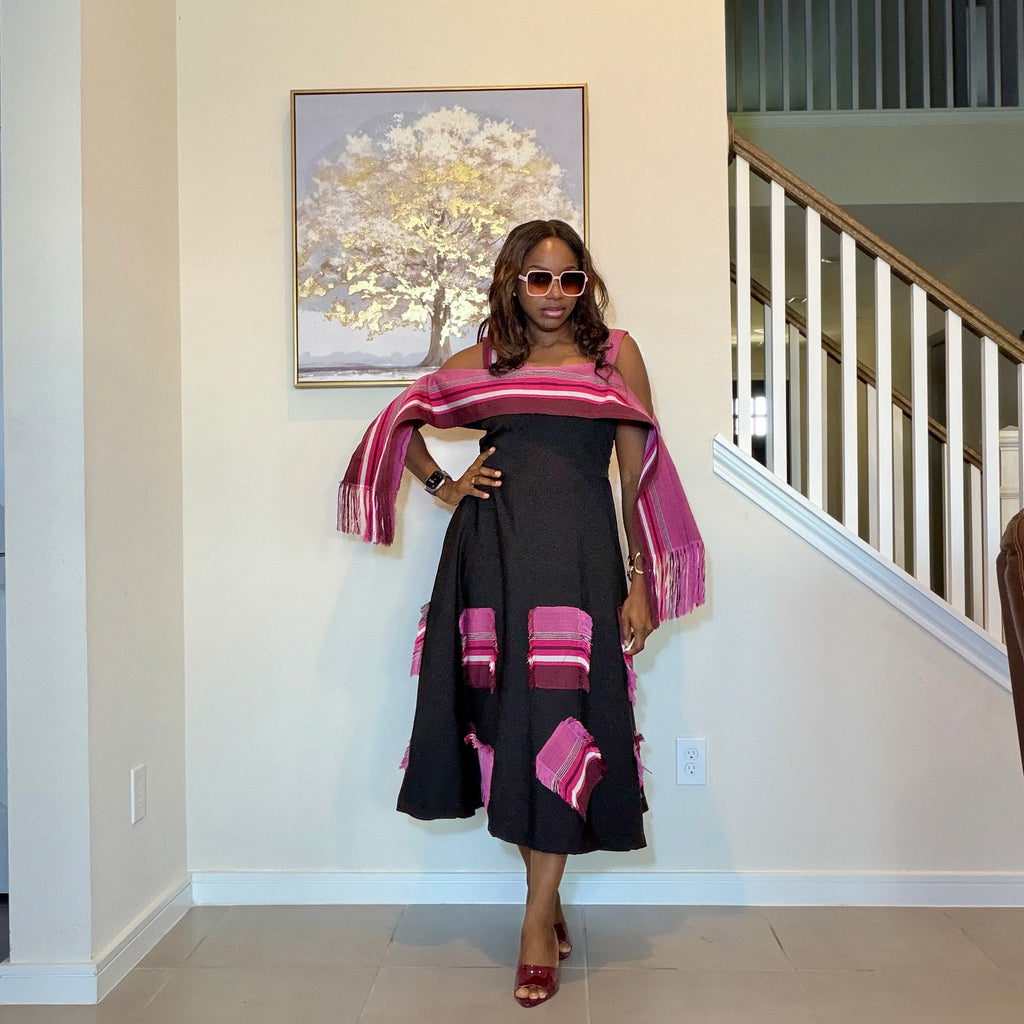 Black flare dress with Aso Oke Patch