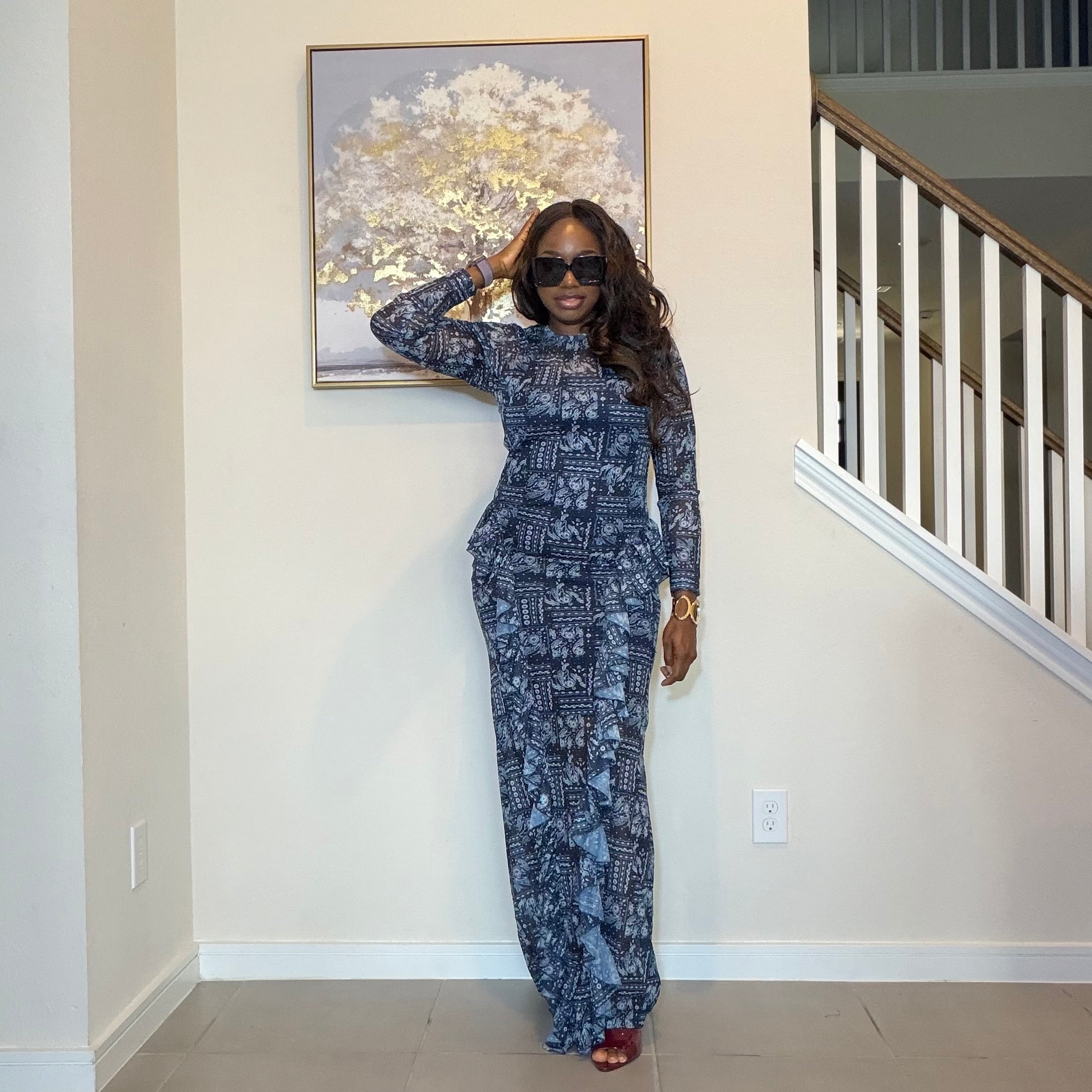 Elegant Indigo Mesh Long Dress