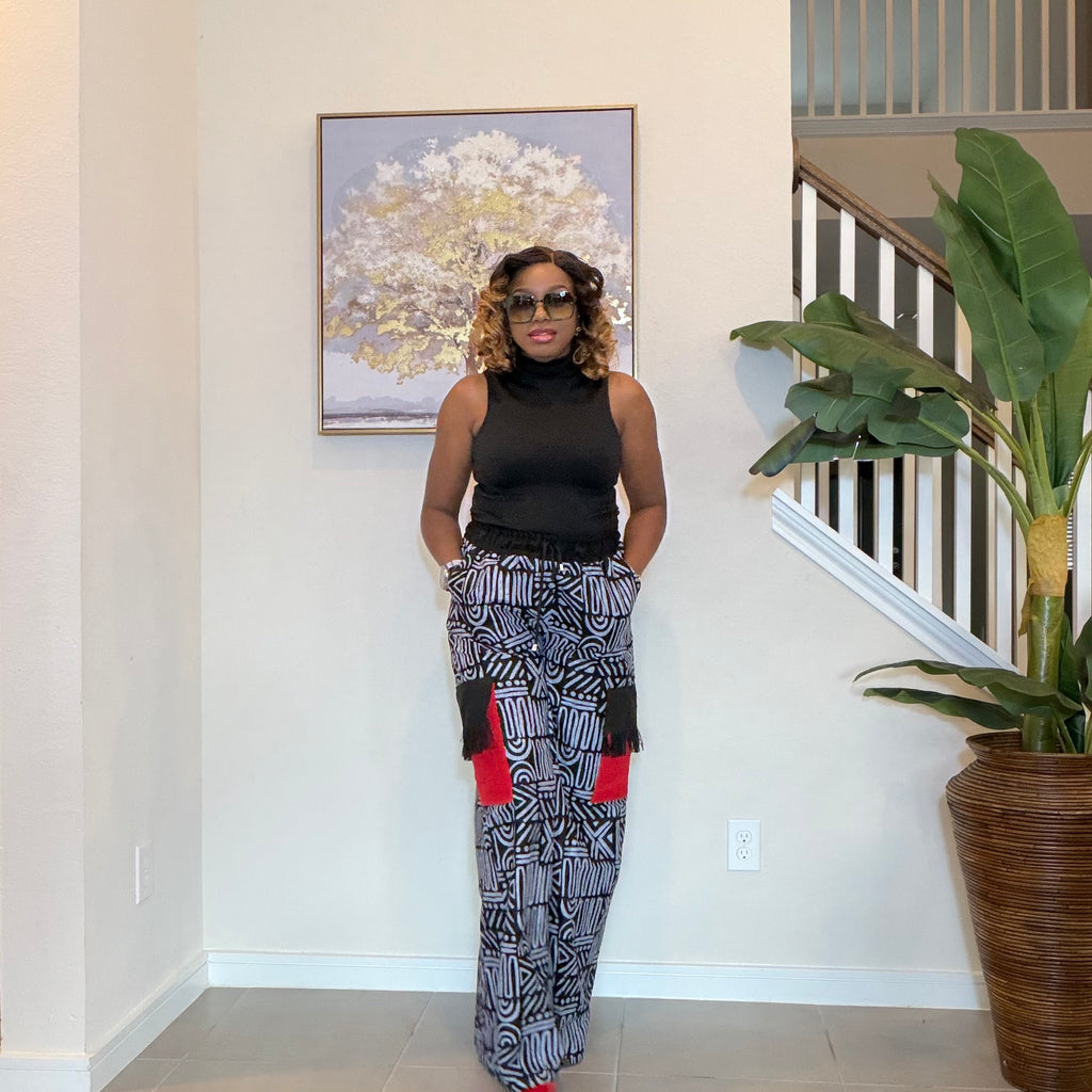 Ankara Wide‑Leg Pants with Aso Oke side pockets