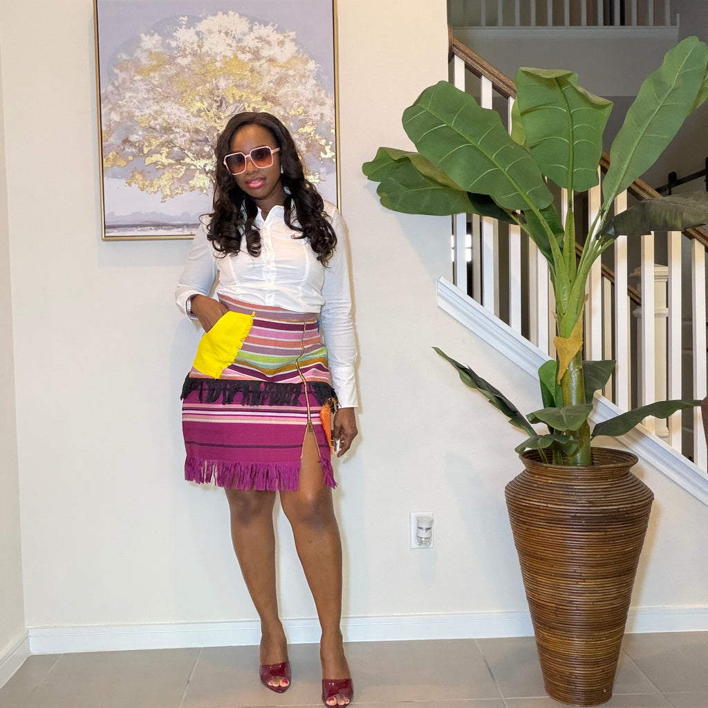Colorful African Aso Oke Fringe Skirt, Handmade Aso Oke Patchwork Skirt