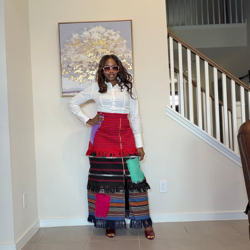 Colorful African Aso Oke Fringe Skirt, Handmade Aso Oke Patchwork Skirt