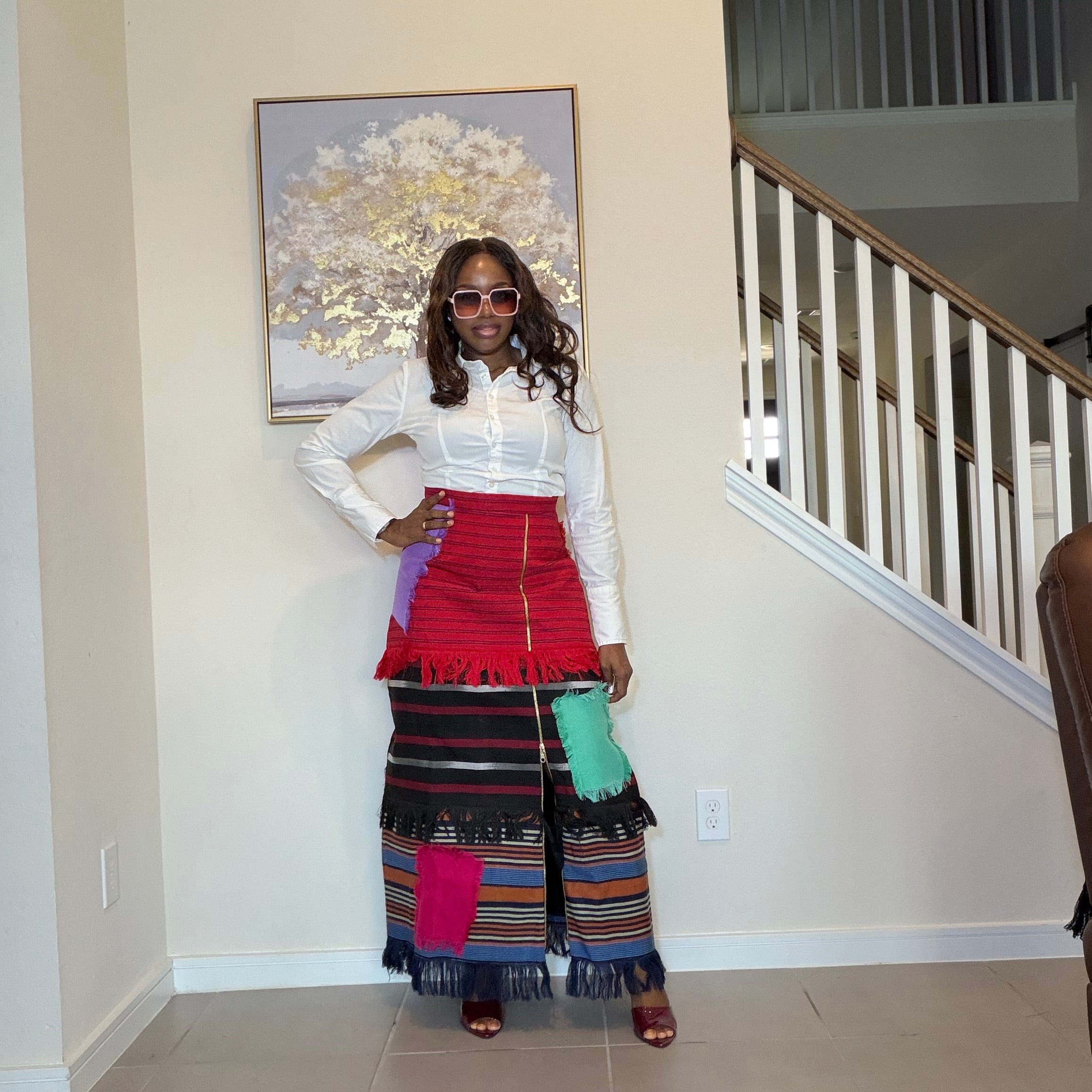 Colorful African Aso Oke Fringe Skirt, Handmade Aso Oke Patchwork Skirt