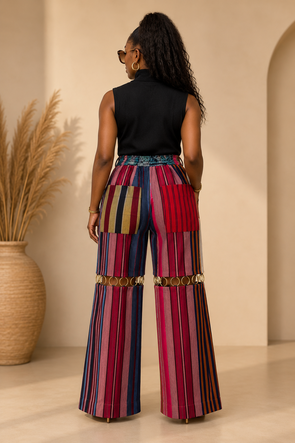 Multicolor Aso Oke Wide-Leg Trousers with Ring Detail