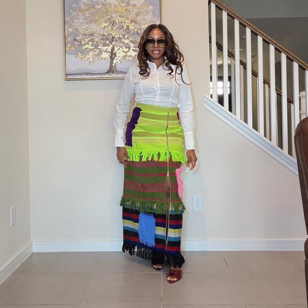 Colorful African Aso Oke Fringe Skirt, Handmade Aso Oke Patchwork Skirt