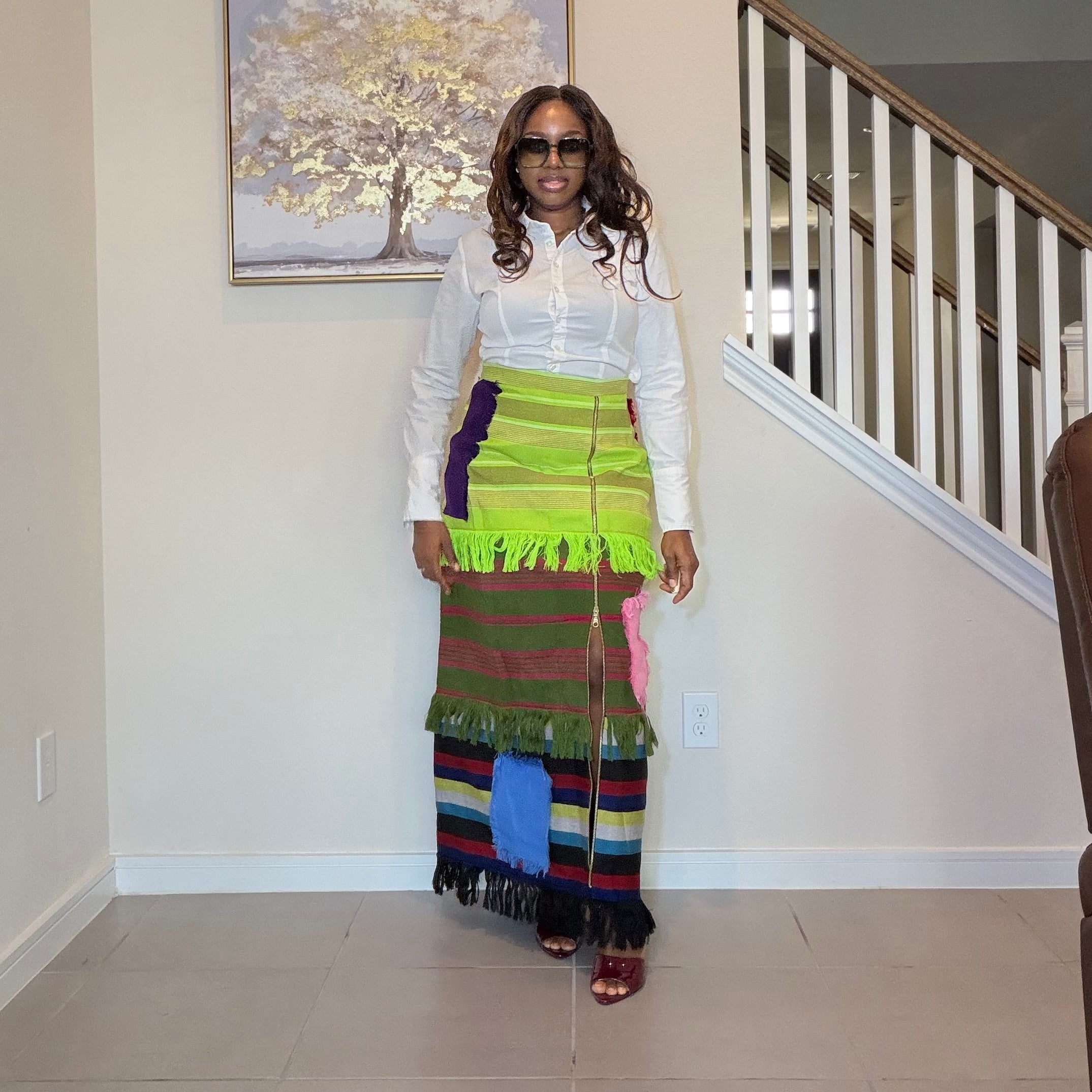Colorful African Aso Oke Fringe Skirt, Handmade Aso Oke Patchwork Skirt