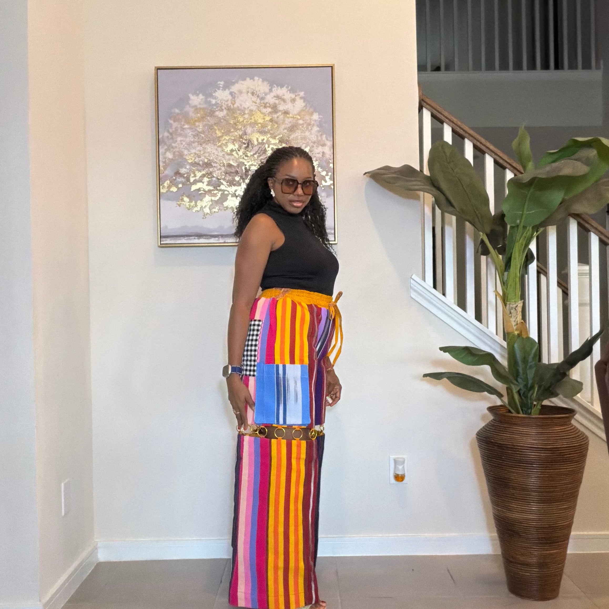 Handmade Aso Oke Wide-Leg Pants with Metal Ring Detail