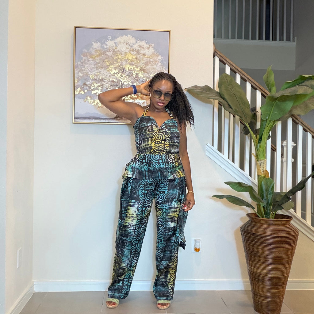 Adire Halter Neck Jumpsuit, African Batik Print One Piece Jumpsuit