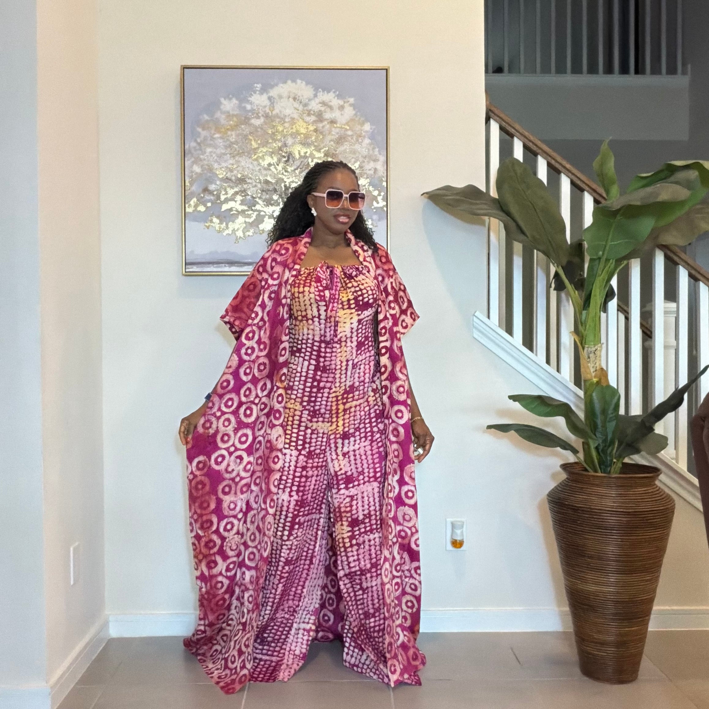 2-Piece Adire Crepe Jumpsuit and Kimono Set