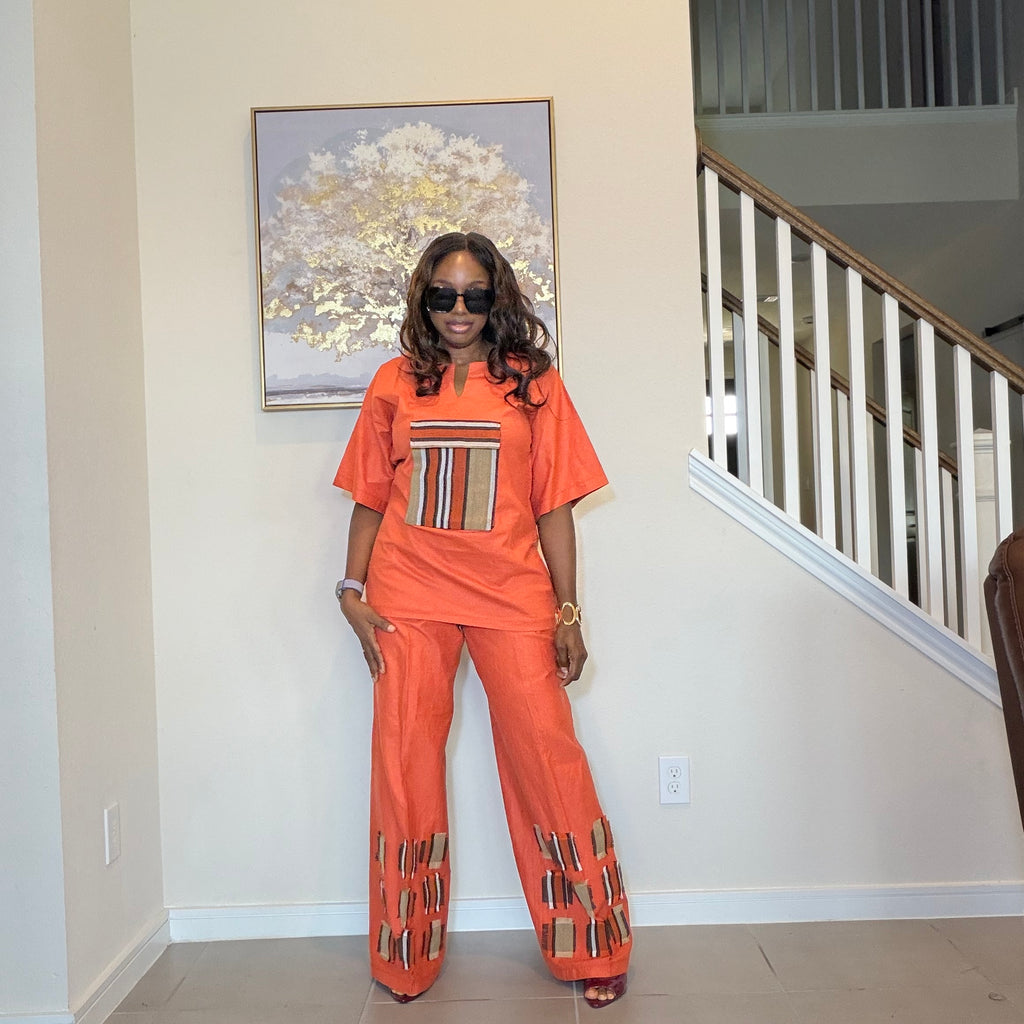 Linen Two Piece Set With Aso Oke Patch