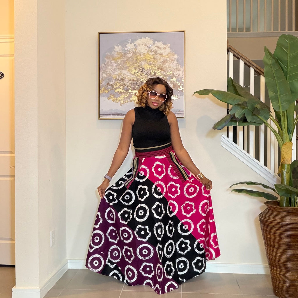 African Ankara Maxi Skirt, High Waist Skirt with Aso Oke Pockets