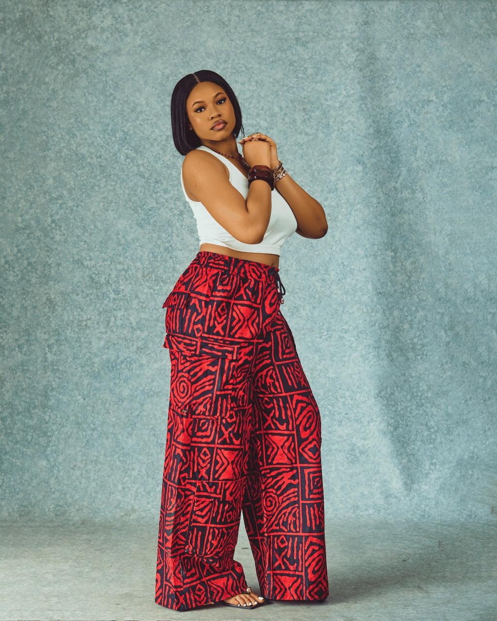 Ankara Cargo Trousers, Ankara Wide-Leg Trousers – Red African Print Palazzo Pants