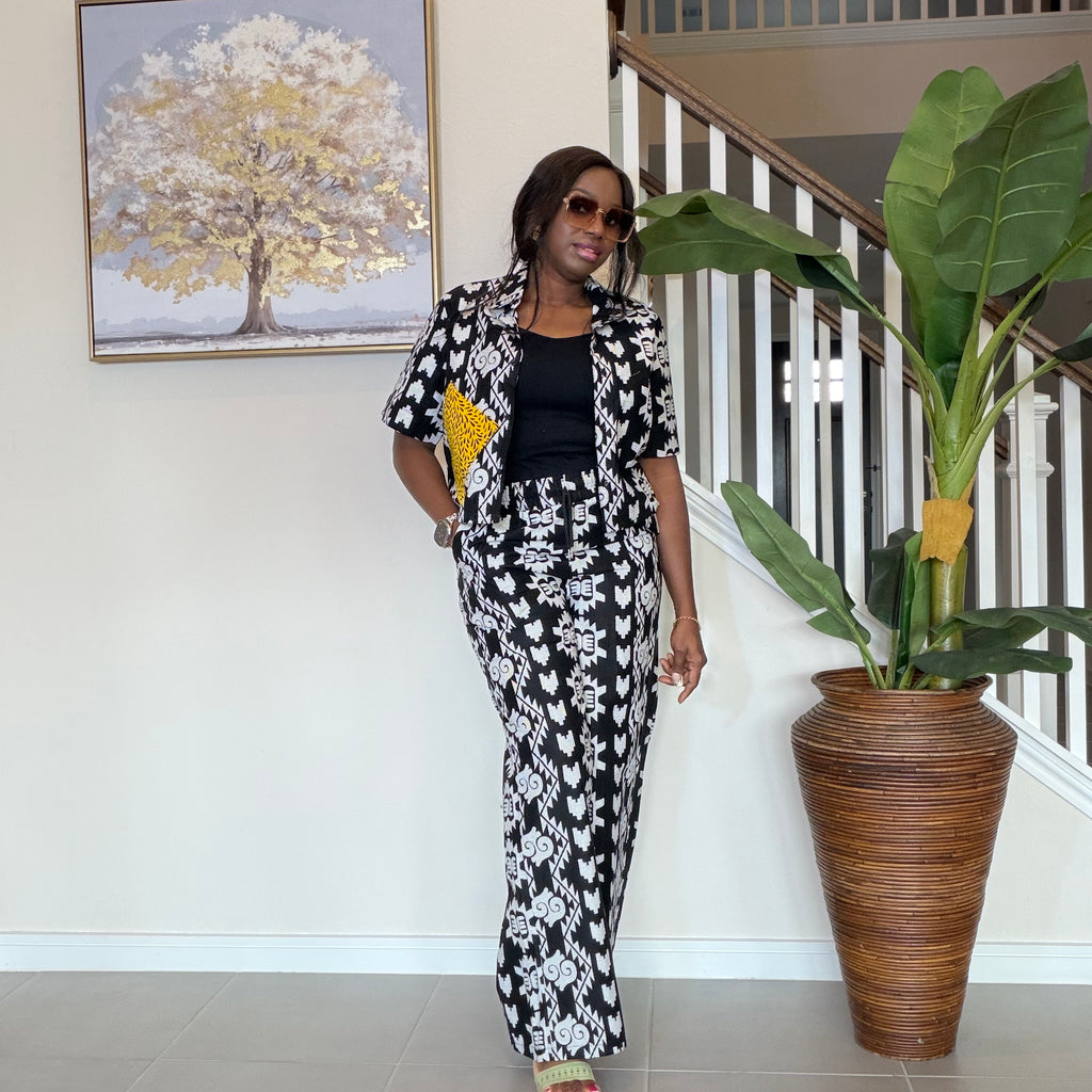 Modern Ankara Print Two-Piece Set – Black & White Wide-Leg Shirt & Trouser