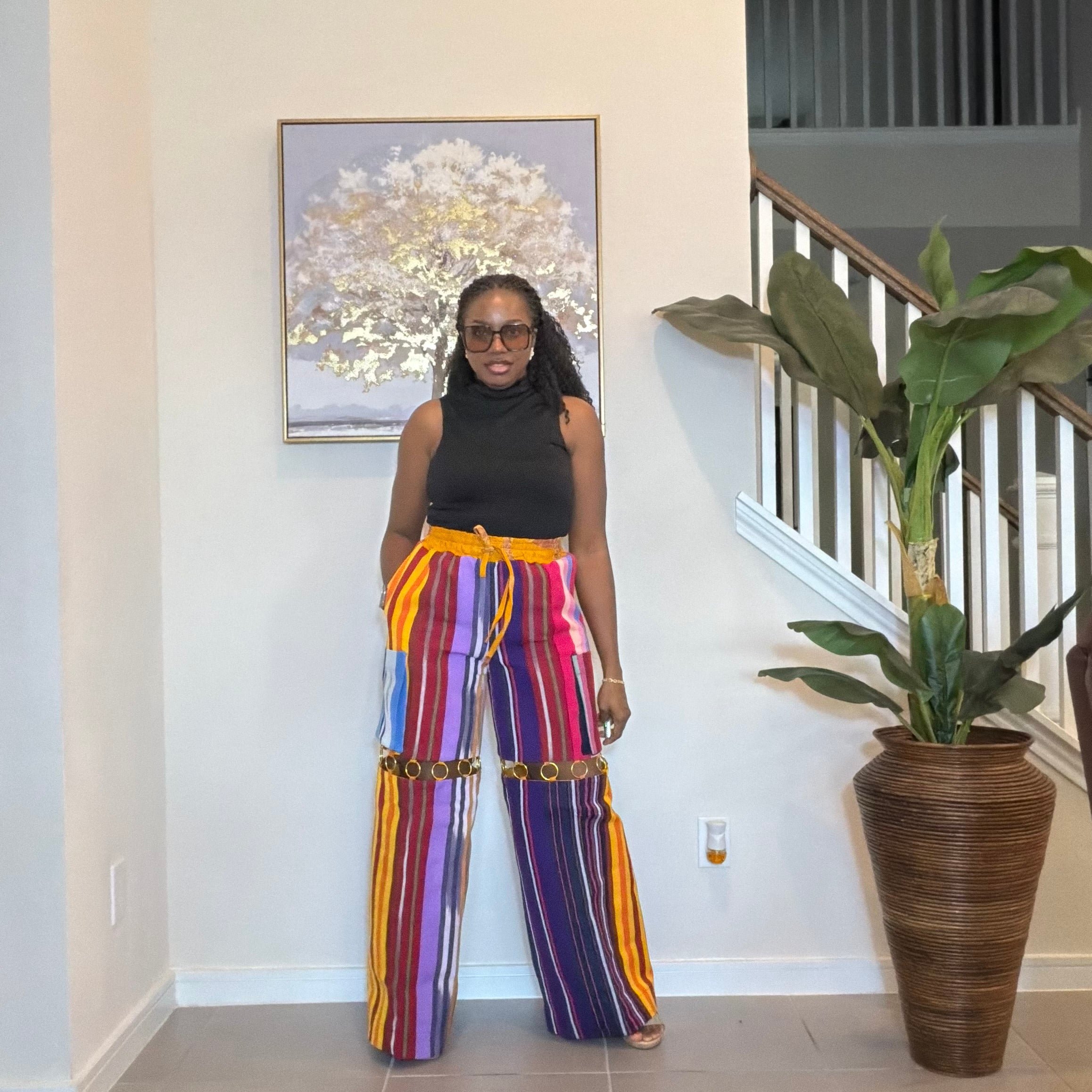 Handmade Aso Oke Wide-Leg Pants with Metal Ring Detail