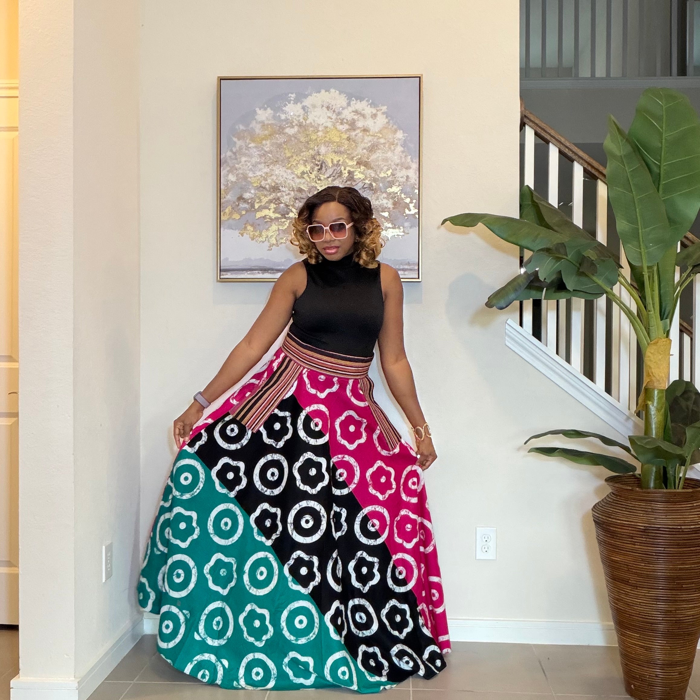 African Ankara Maxi Skirt, High Waist Skirt with Aso Oke Pockets