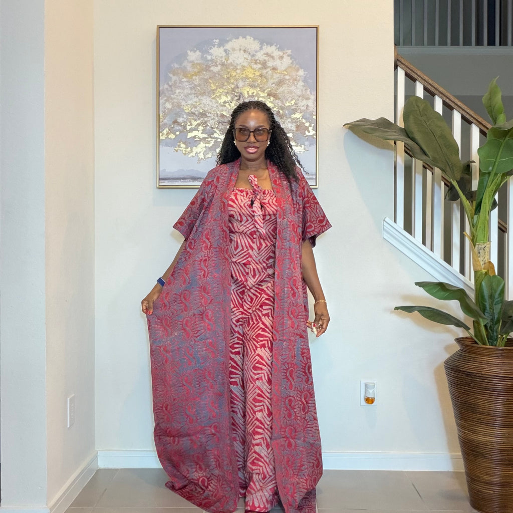 2-Piece Adire Crepe Jumpsuit and Kimono Set