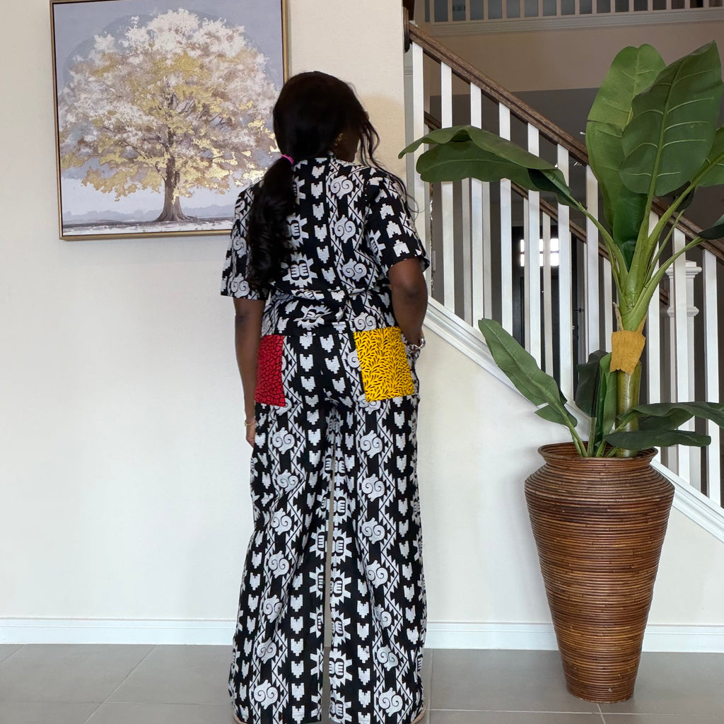 Modern Ankara Print Two-Piece Set – Black & White Wide-Leg Shirt & Trouser