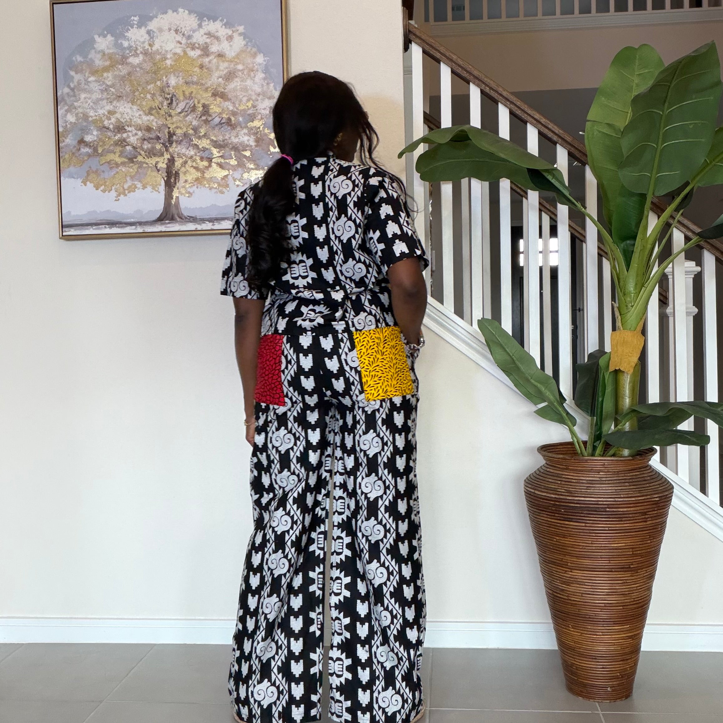 Modern Ankara Print Two-Piece Set – Black & White Wide-Leg Shirt & Trouser