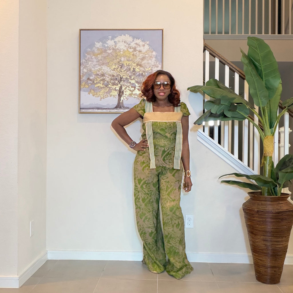 African Adire Jumpsuit with Aso Oke, Green Adire Jumpsuit, Wide‑Leg One‑Piece