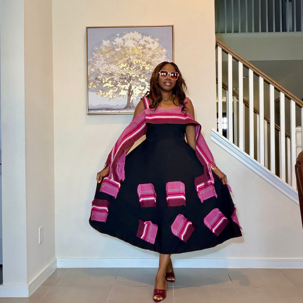 Black flare dress with Aso Oke Patch