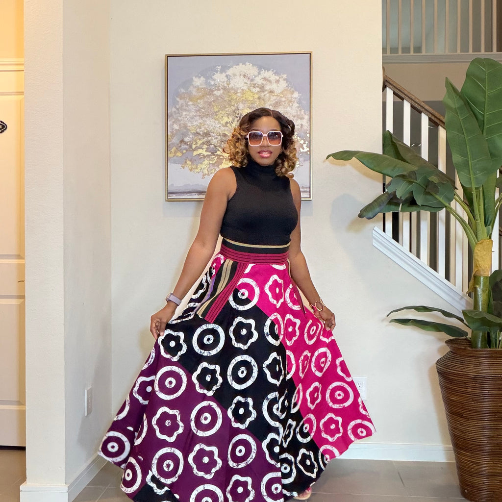African Ankara Maxi Skirt, High Waist Skirt with Aso Oke Pockets