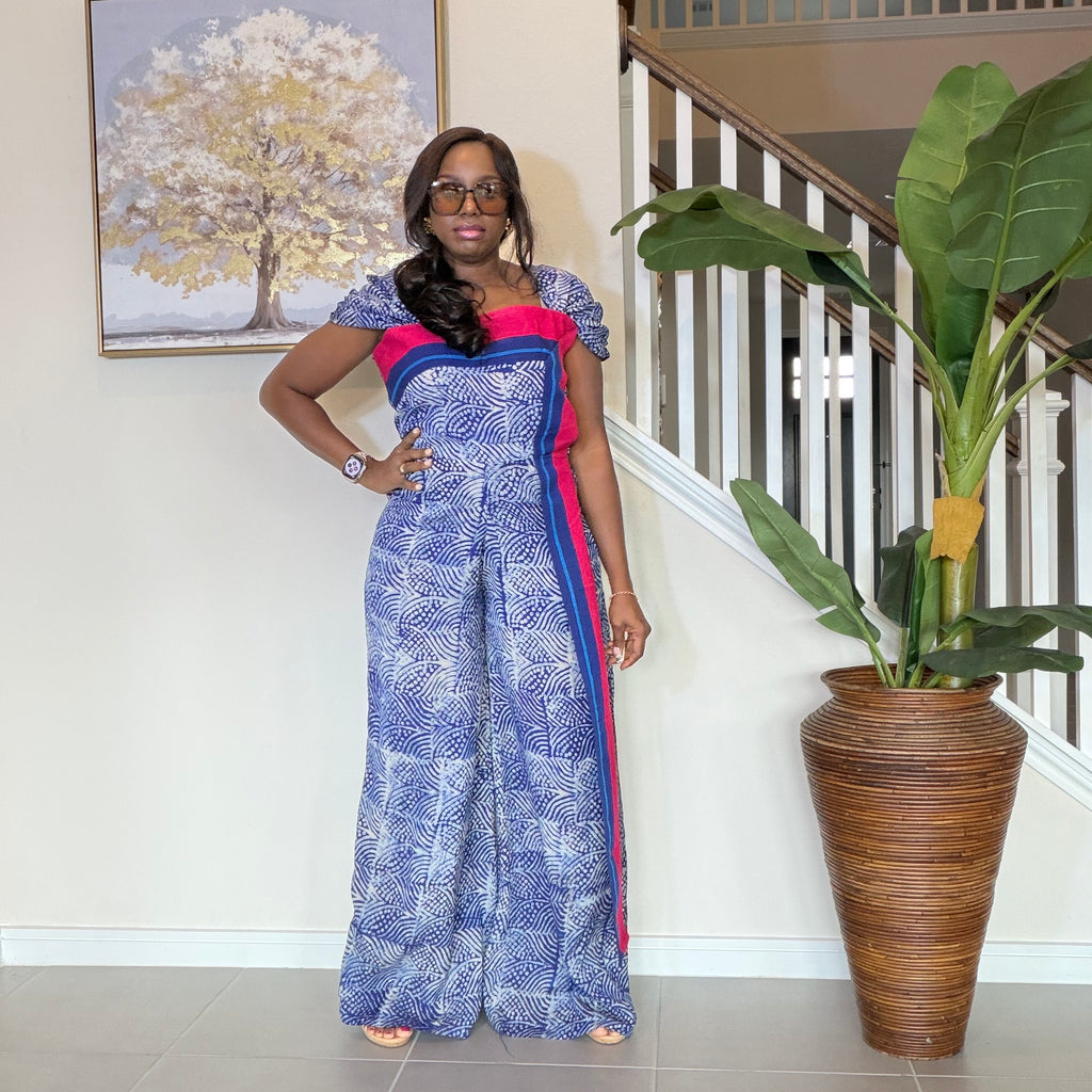Adire Floral Wide-Leg Jumpsuit with Aso Oke Detail