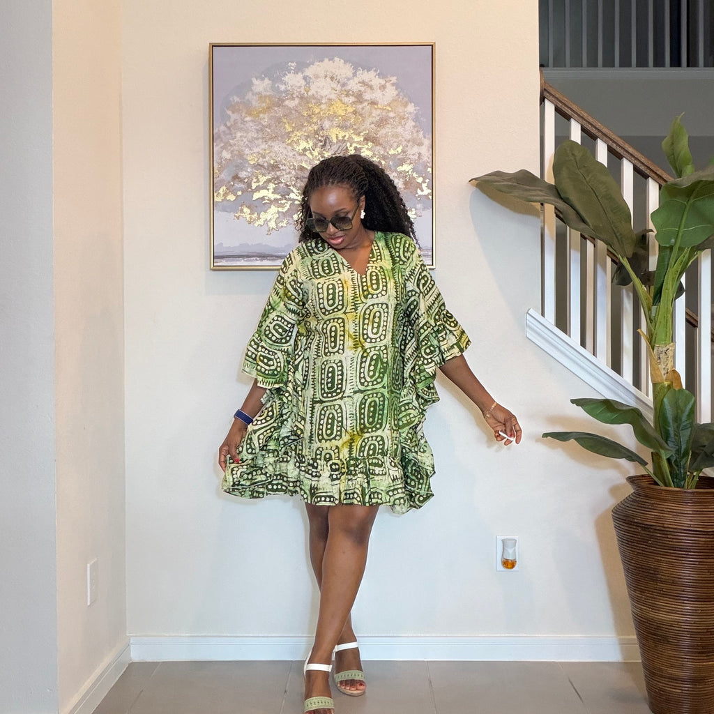 Olive Green Adire Crepe Dress Mini Dress.