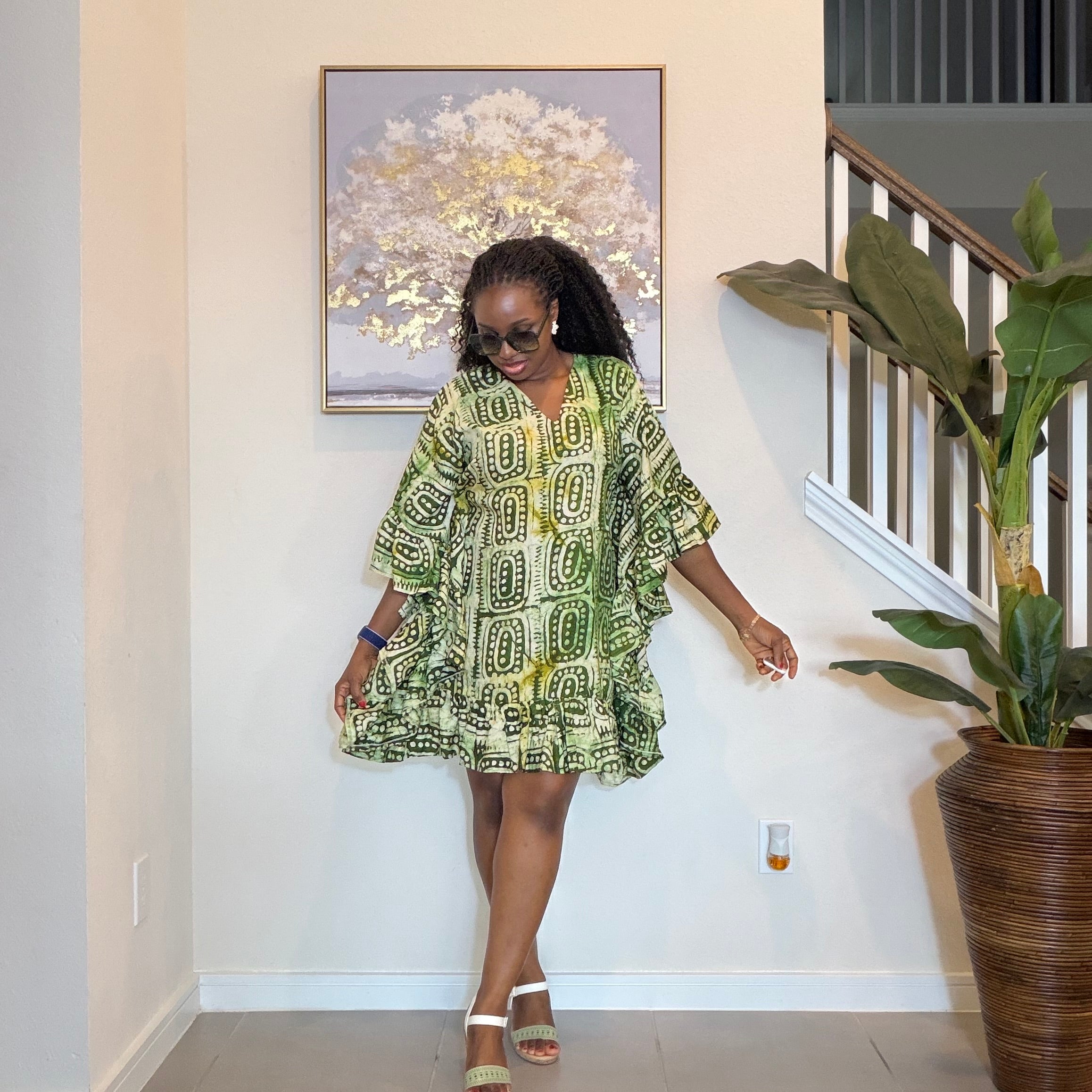 Olive Green Adire Crepe Dress Mini Dress.