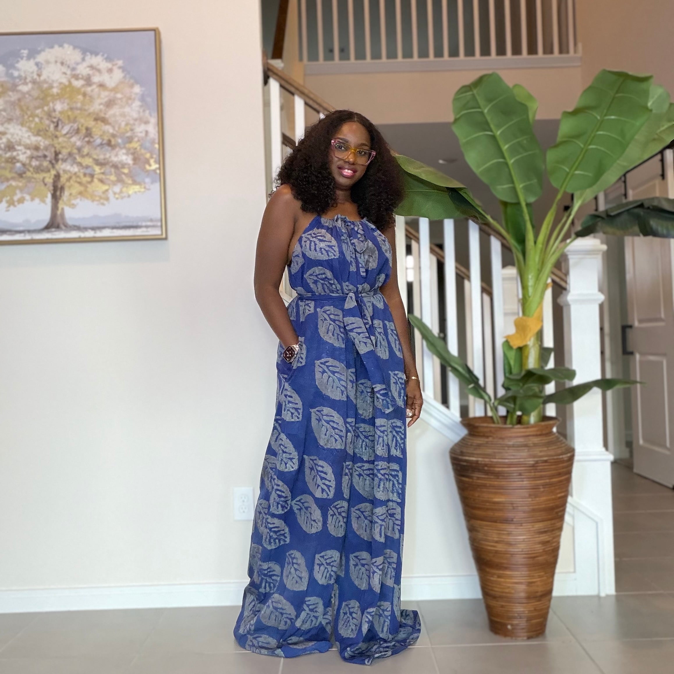 African Adire Blue Jumpsuit with Waist Tie
