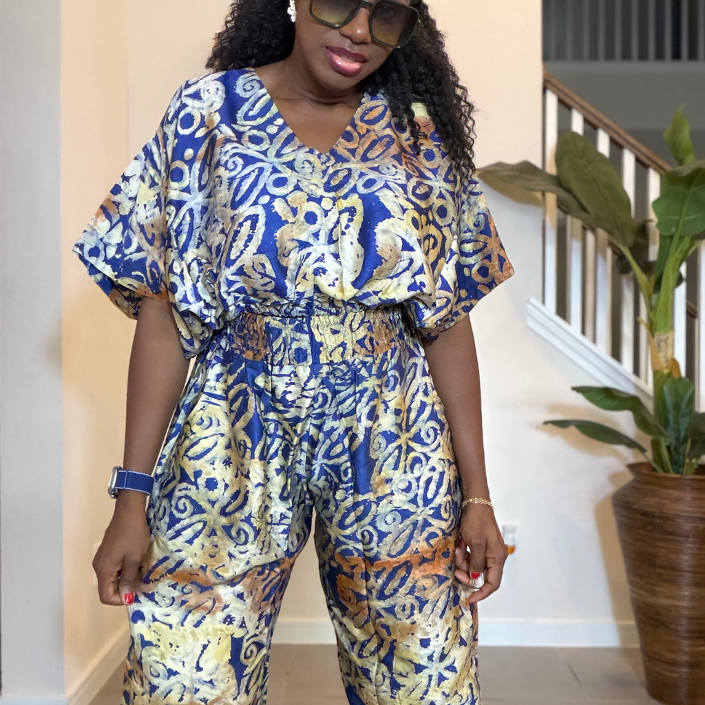 Adire Silk-Crepe, Elastic Waist Top & Wide-Leg Pants Set
