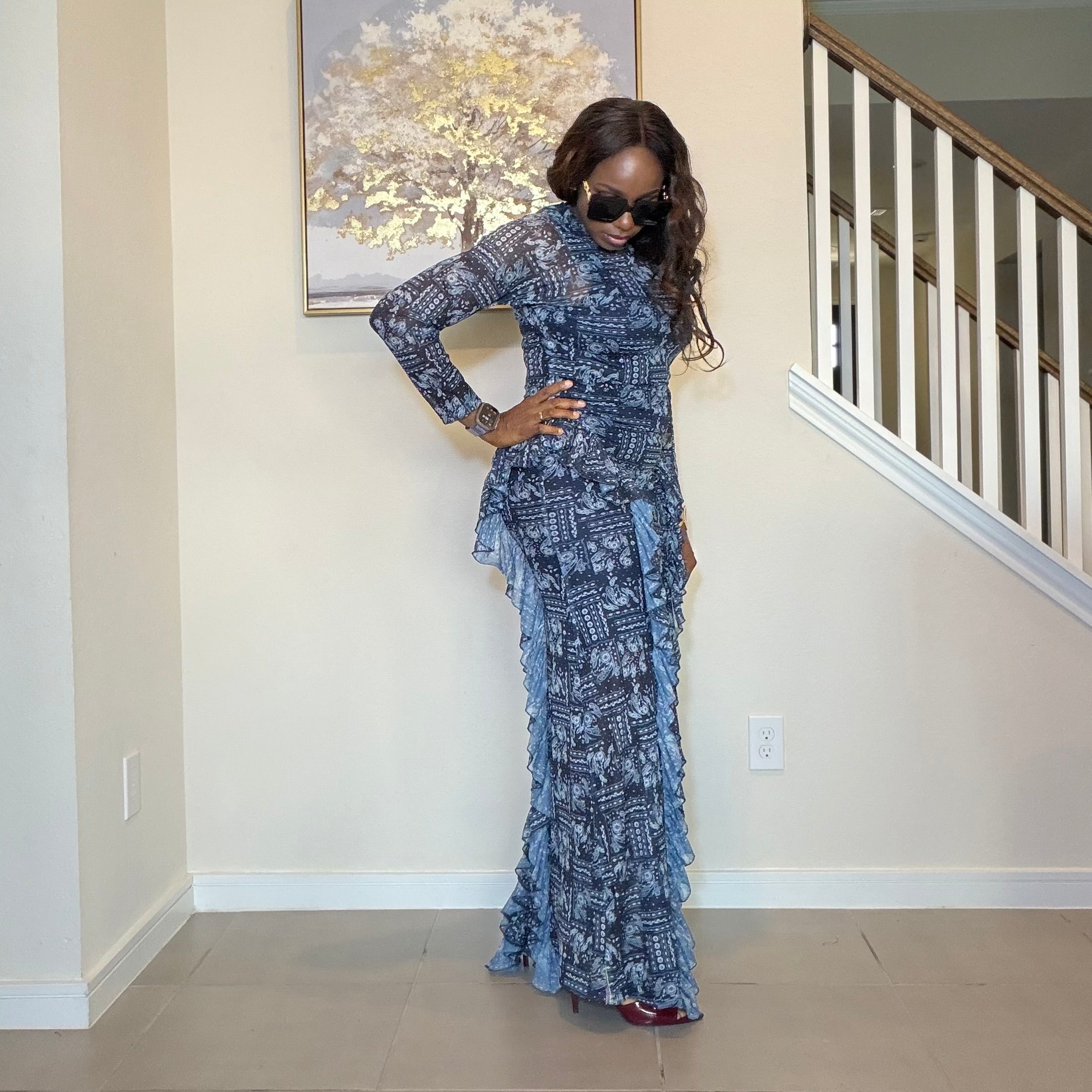 Elegant Indigo Mesh Long Dress