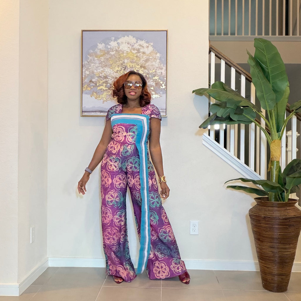 Adire Floral Wide-Leg Jumpsuit with Aso Oke Detail