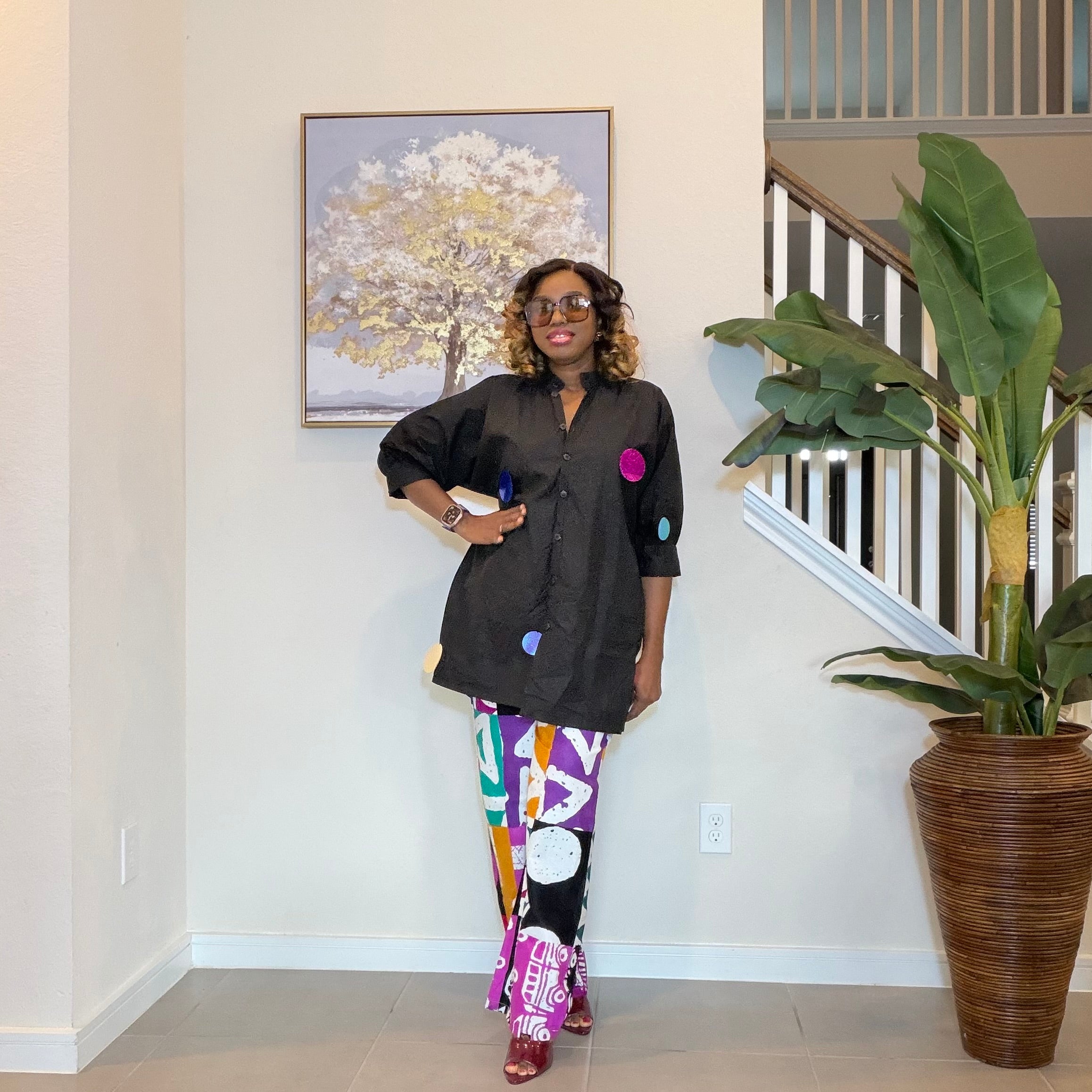 Ankara Two‑Piece Set, Colorful Print Pants, Handmade African Wear
