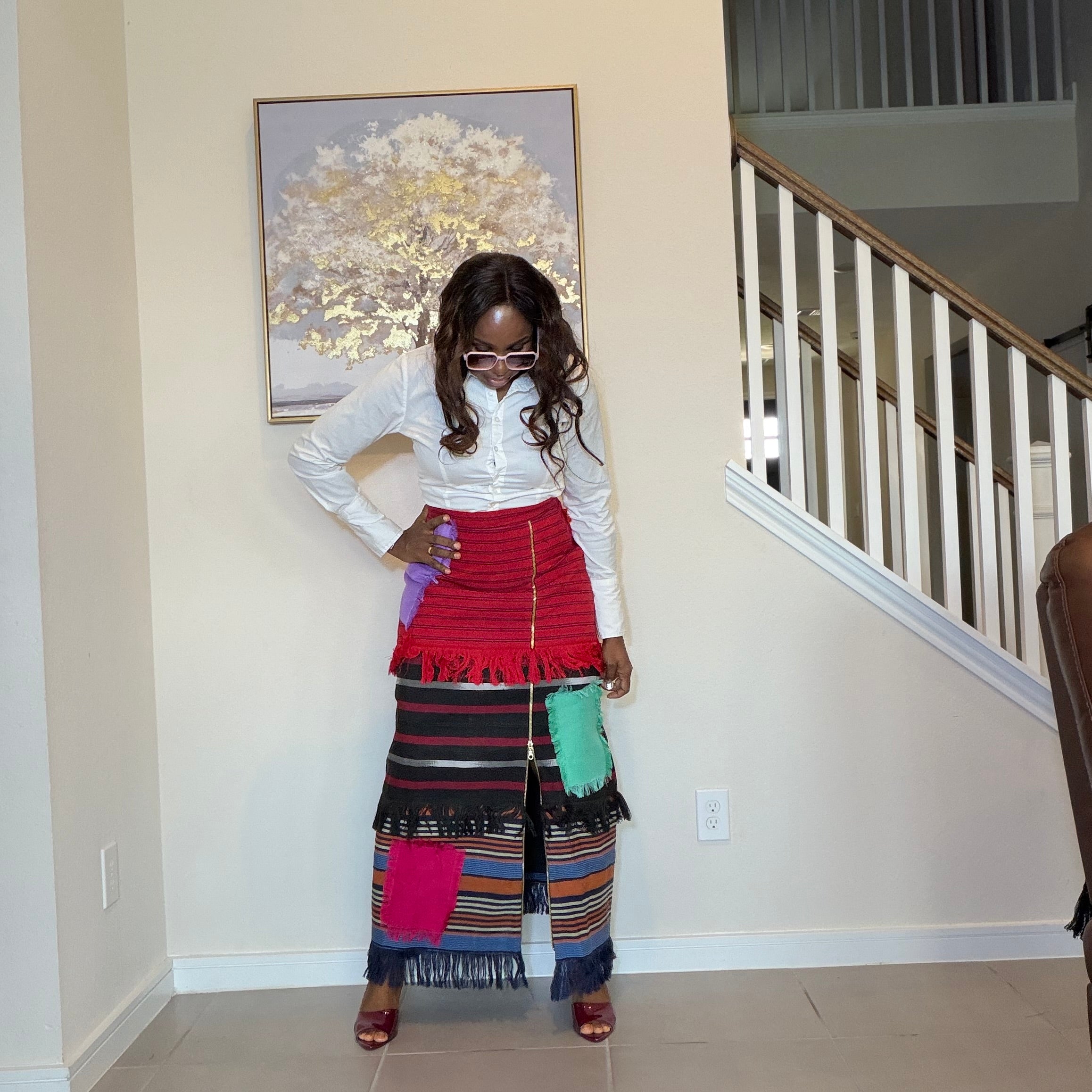 Colorful African Aso Oke Fringe Skirt, Handmade Aso Oke Patchwork Skirt