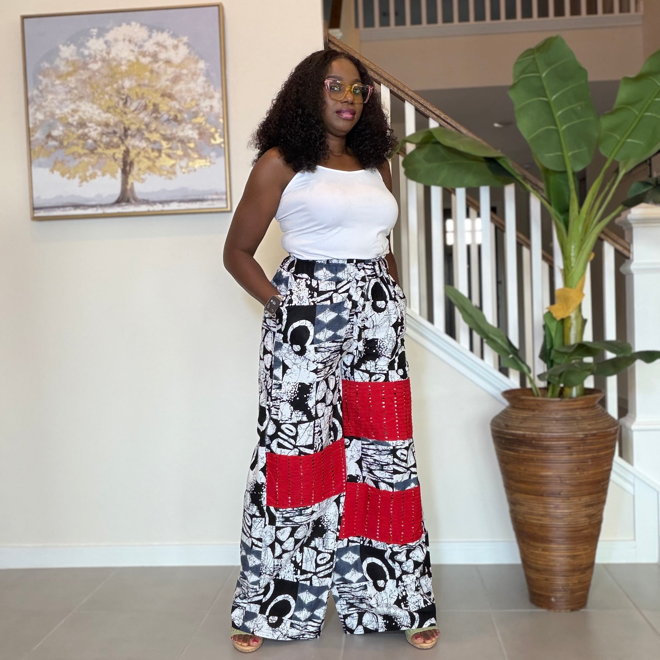 African Patchwork Wide‑Leg Trousers with Aso Oke

---