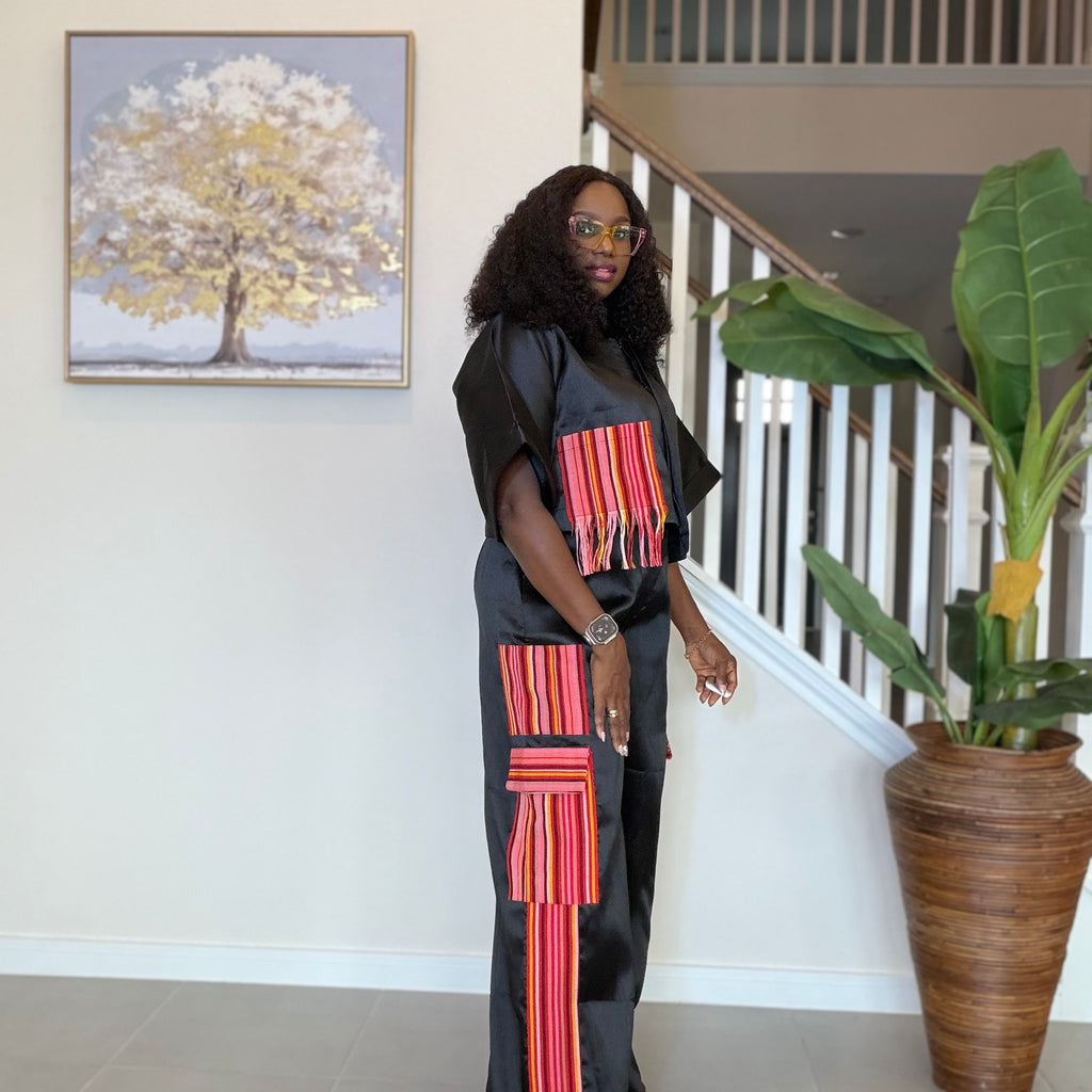 Black mikado trouser set with Aso Oke
