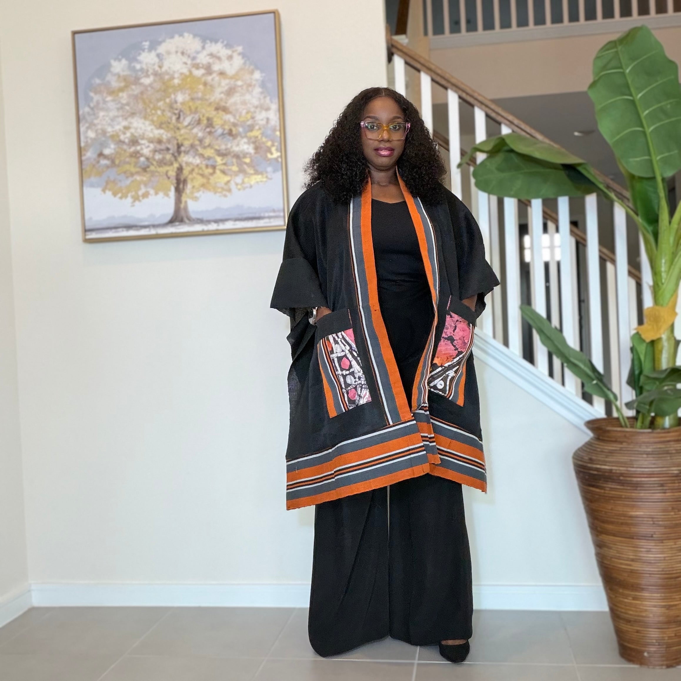 Handmade African Adire Aso Oke Kimono, Boho Festival Jacket