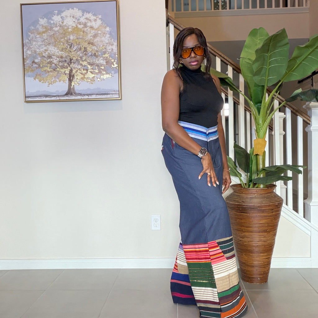 High-Waisted Jeans Wide Leg Trousers with Multicolored Striped Aso Oke Patchwork