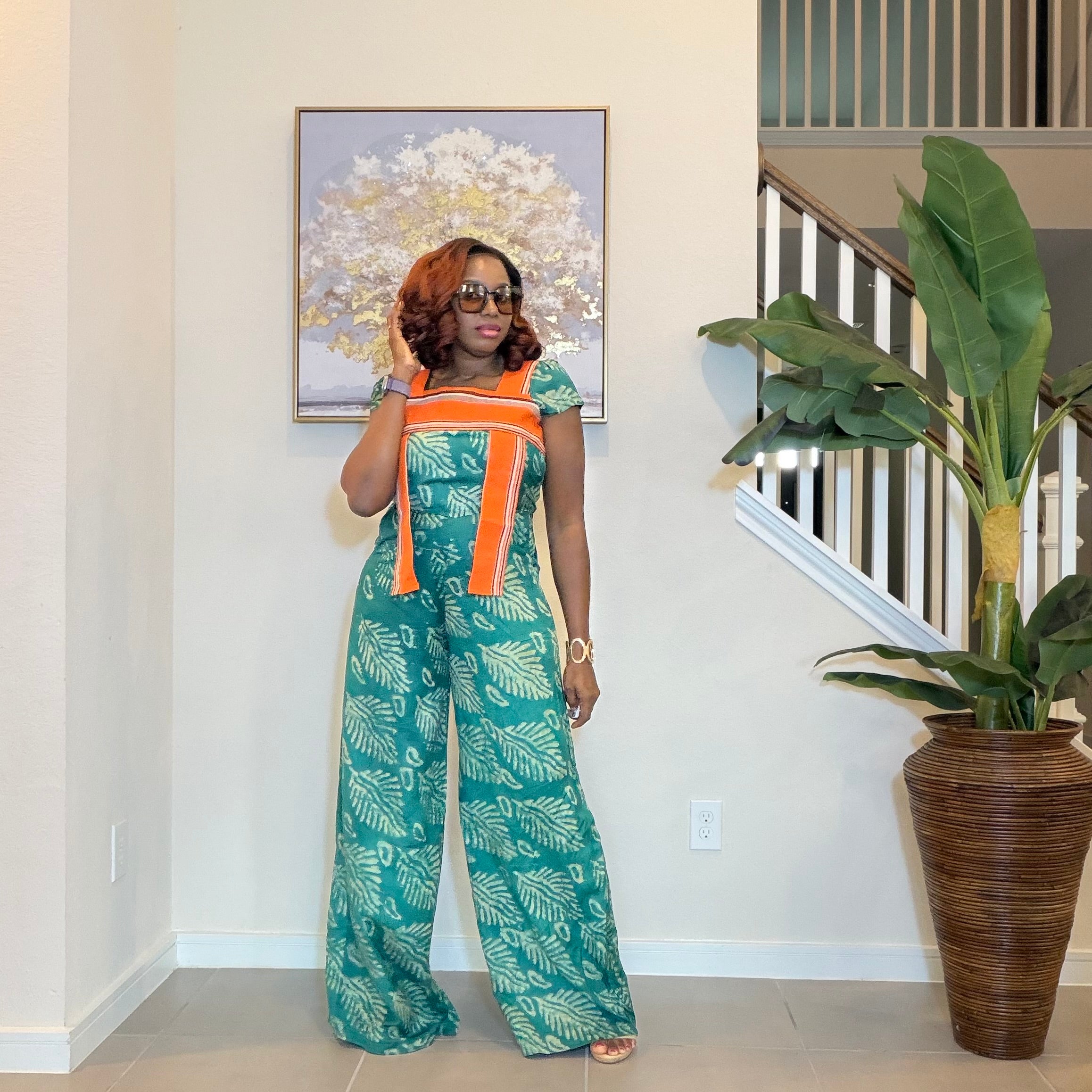 African Print Jumpsuit with Aso Oke, Green Leaf Adire Jumpsuit, Wide‑Leg One‑Piece