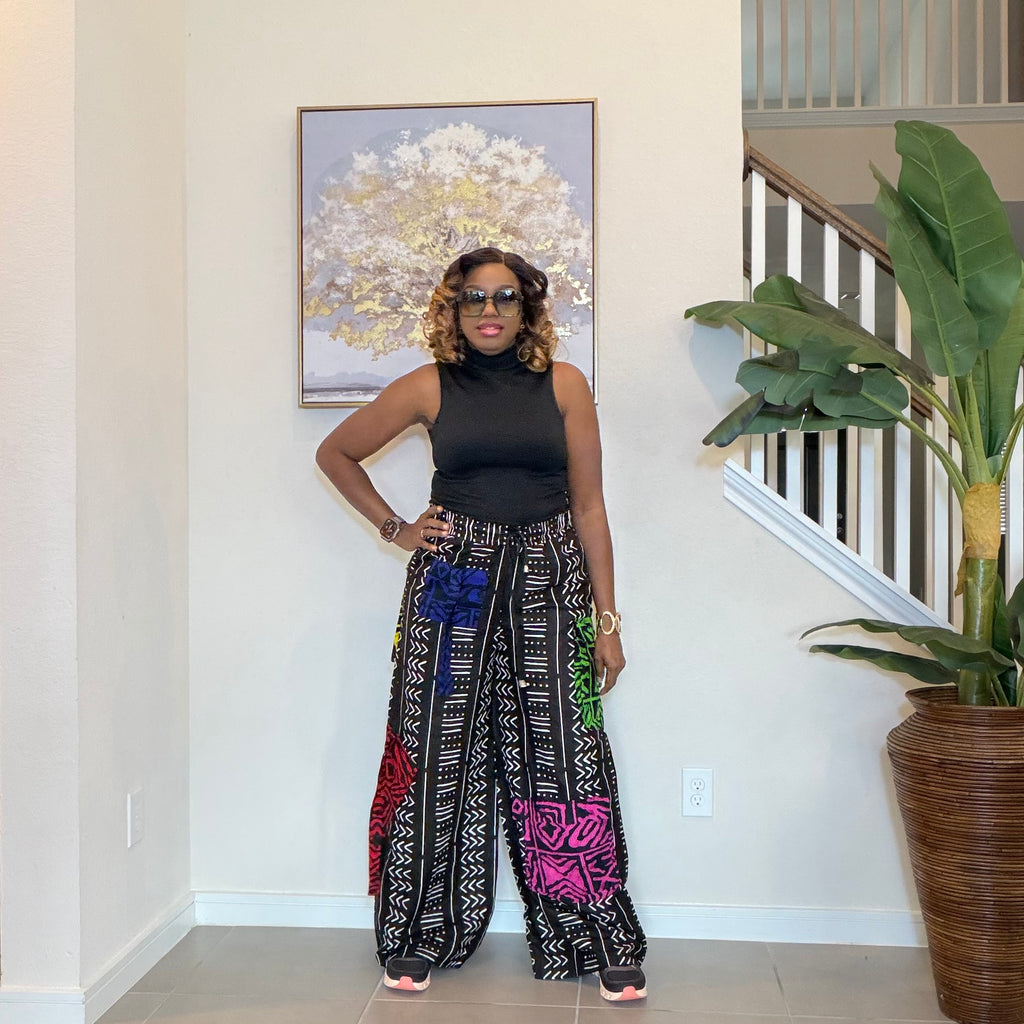 Ankara Wide-Leg Trousers, Black and White with color patch, African Print High Waist Pants