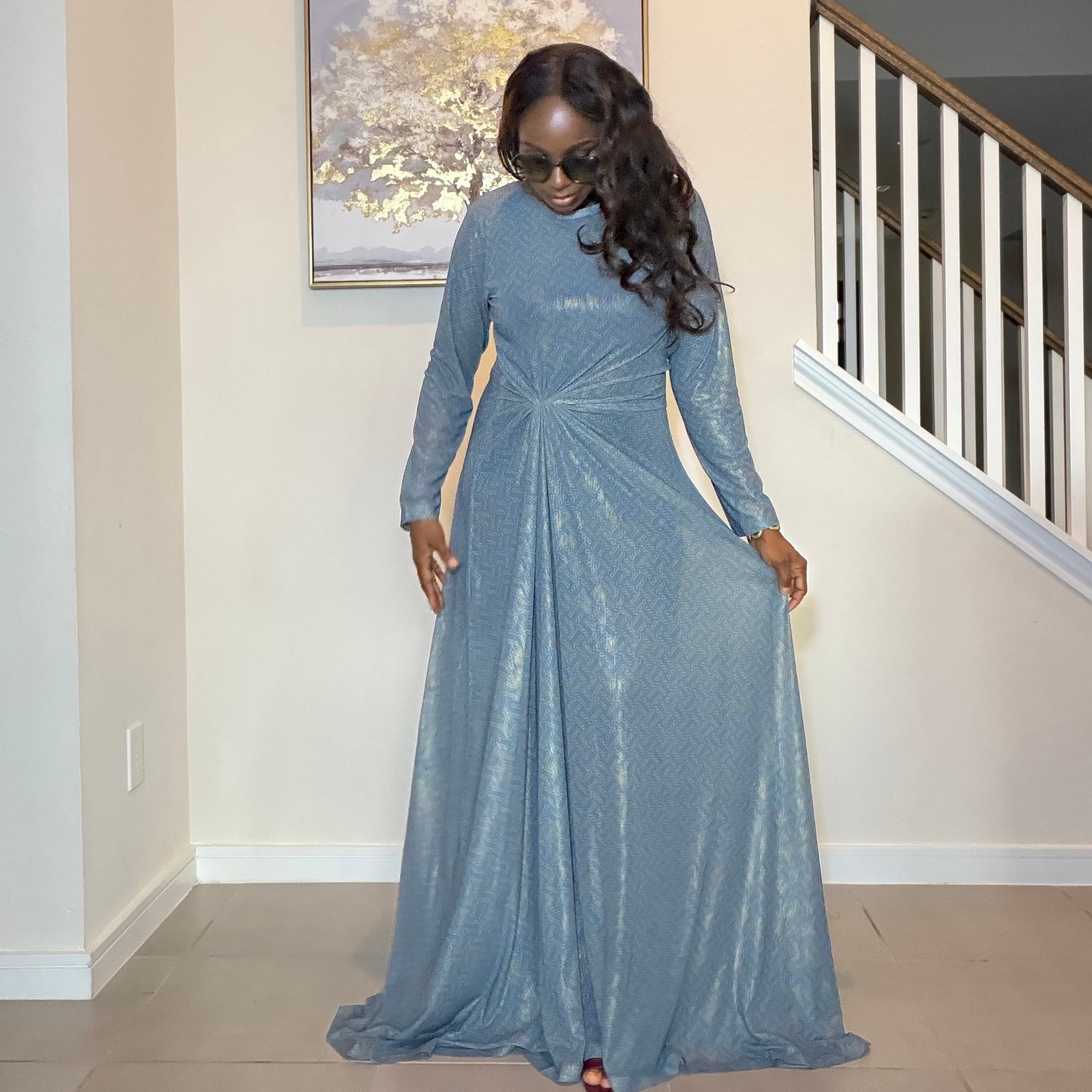 Shimmering Metallic Blue Maxi Dress