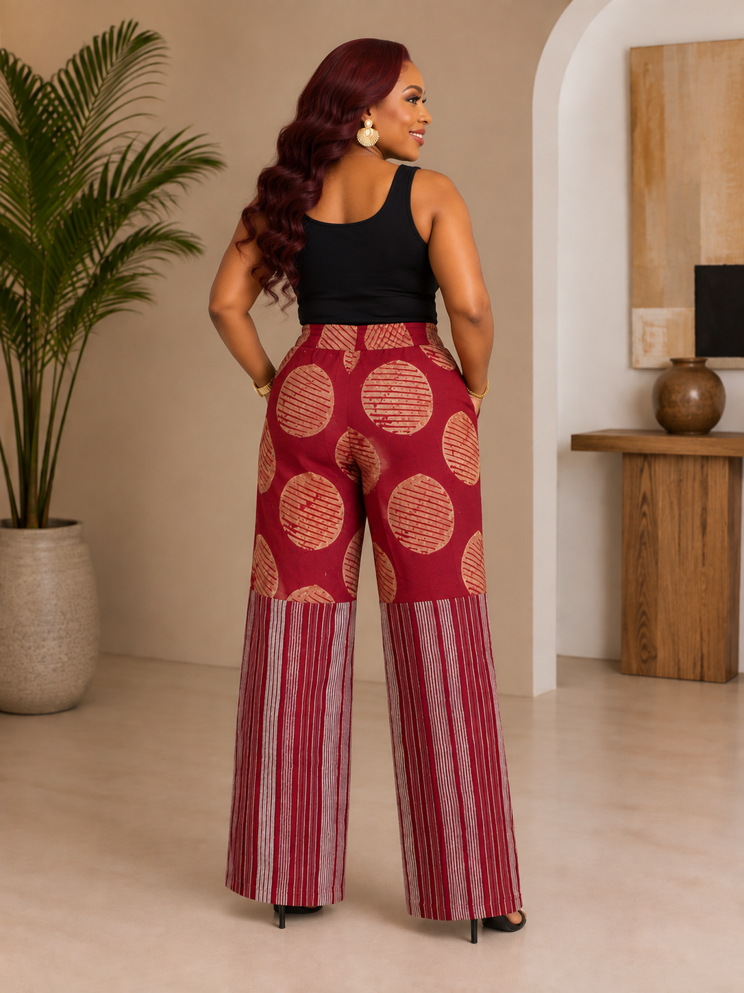 High-Waisted Adire & Handwoven Aso Oke Wide-Leg Trousers with Drawstring Waist