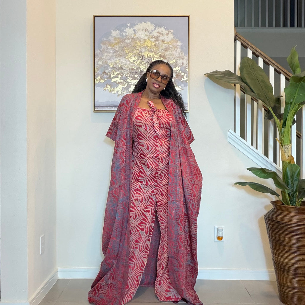2-Piece Adire Crepe Jumpsuit and Kimono Set