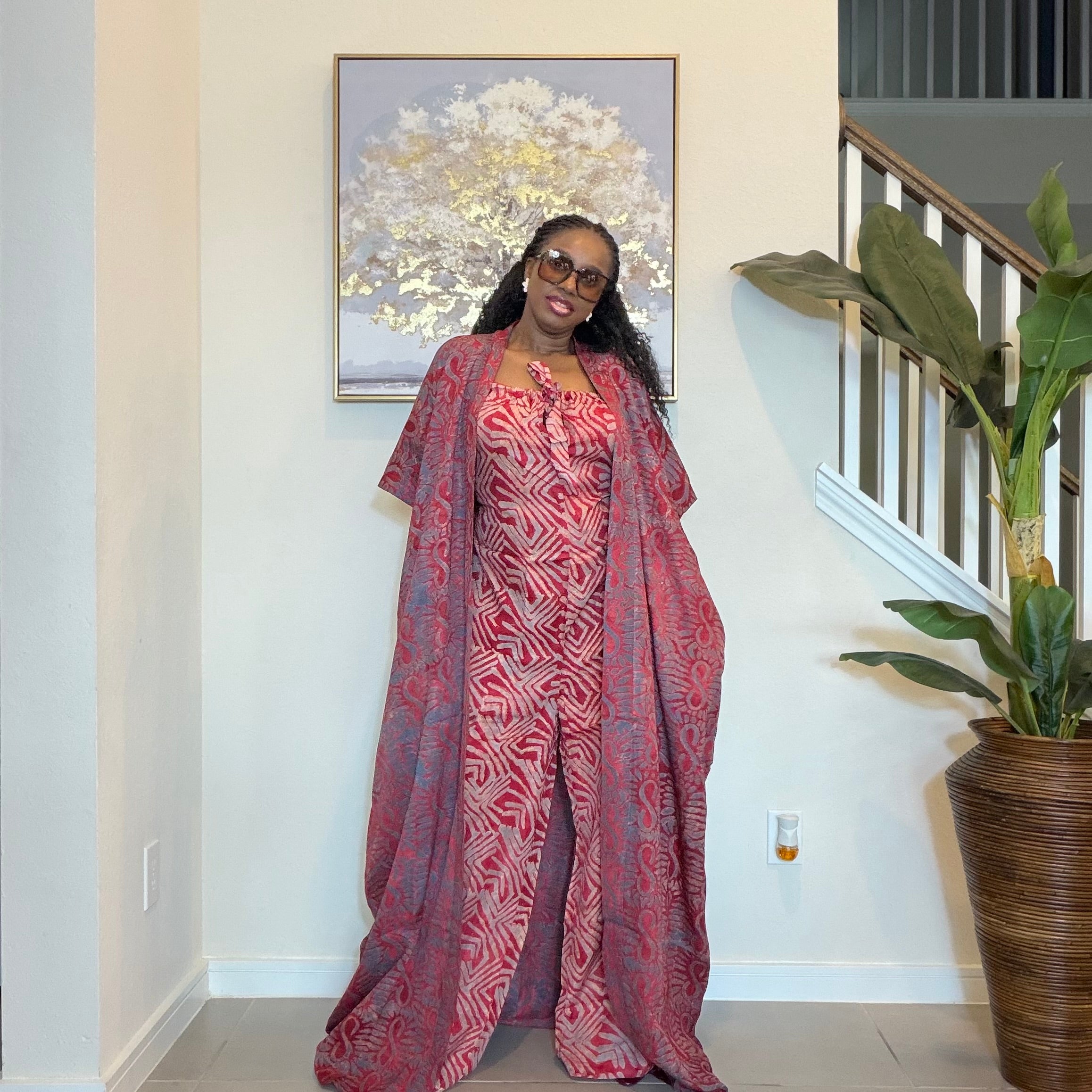 2-Piece Adire Crepe Jumpsuit and Kimono Set