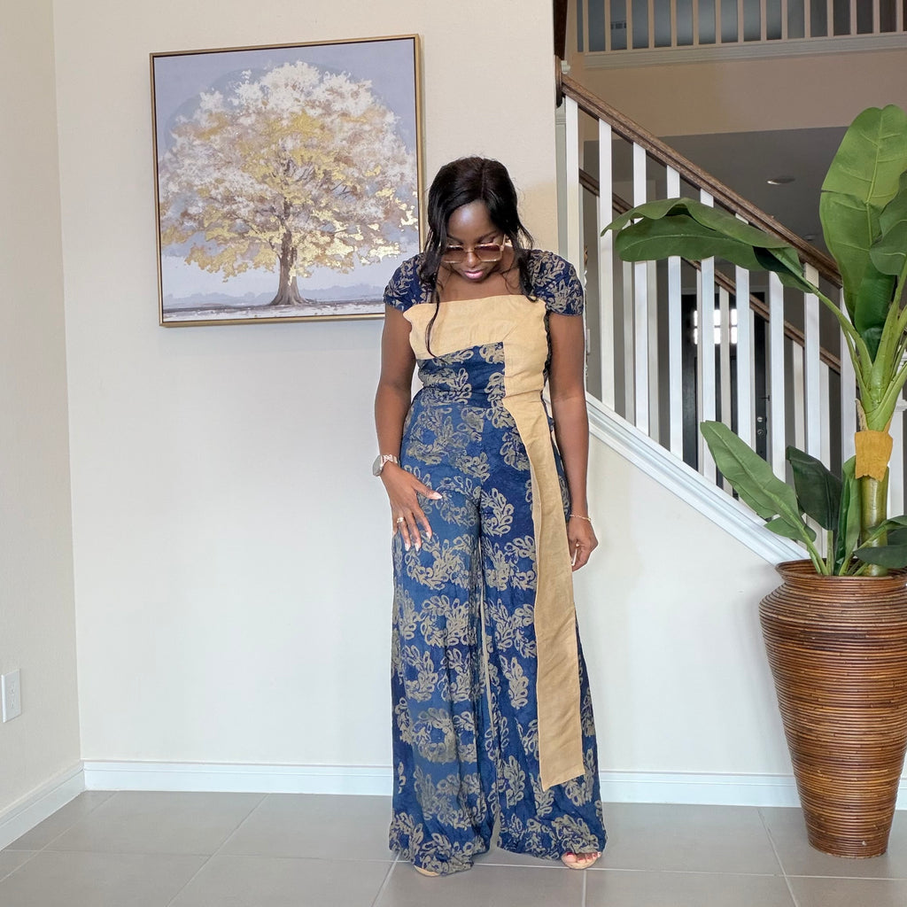 Blue Adire Floral Wide-Leg Jumpsuit with Aso Oke Detail