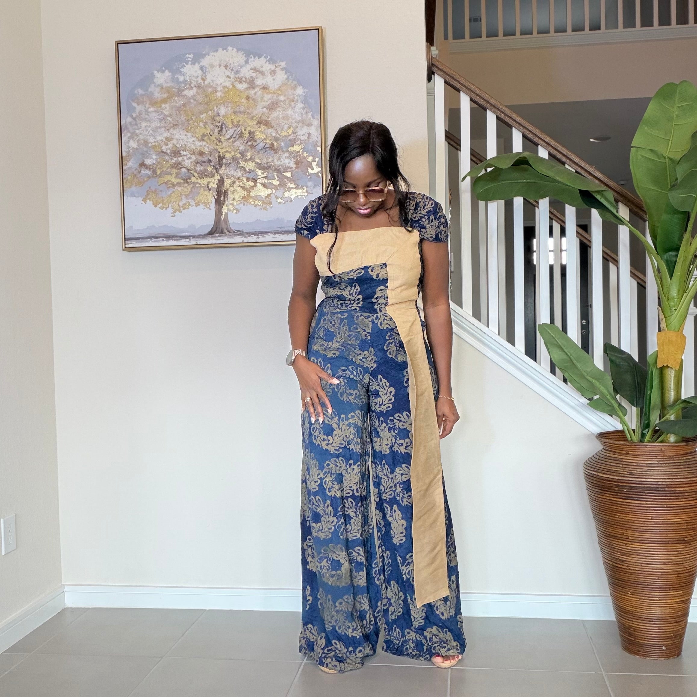 Blue Adire Floral Wide-Leg Jumpsuit with Aso Oke Detail