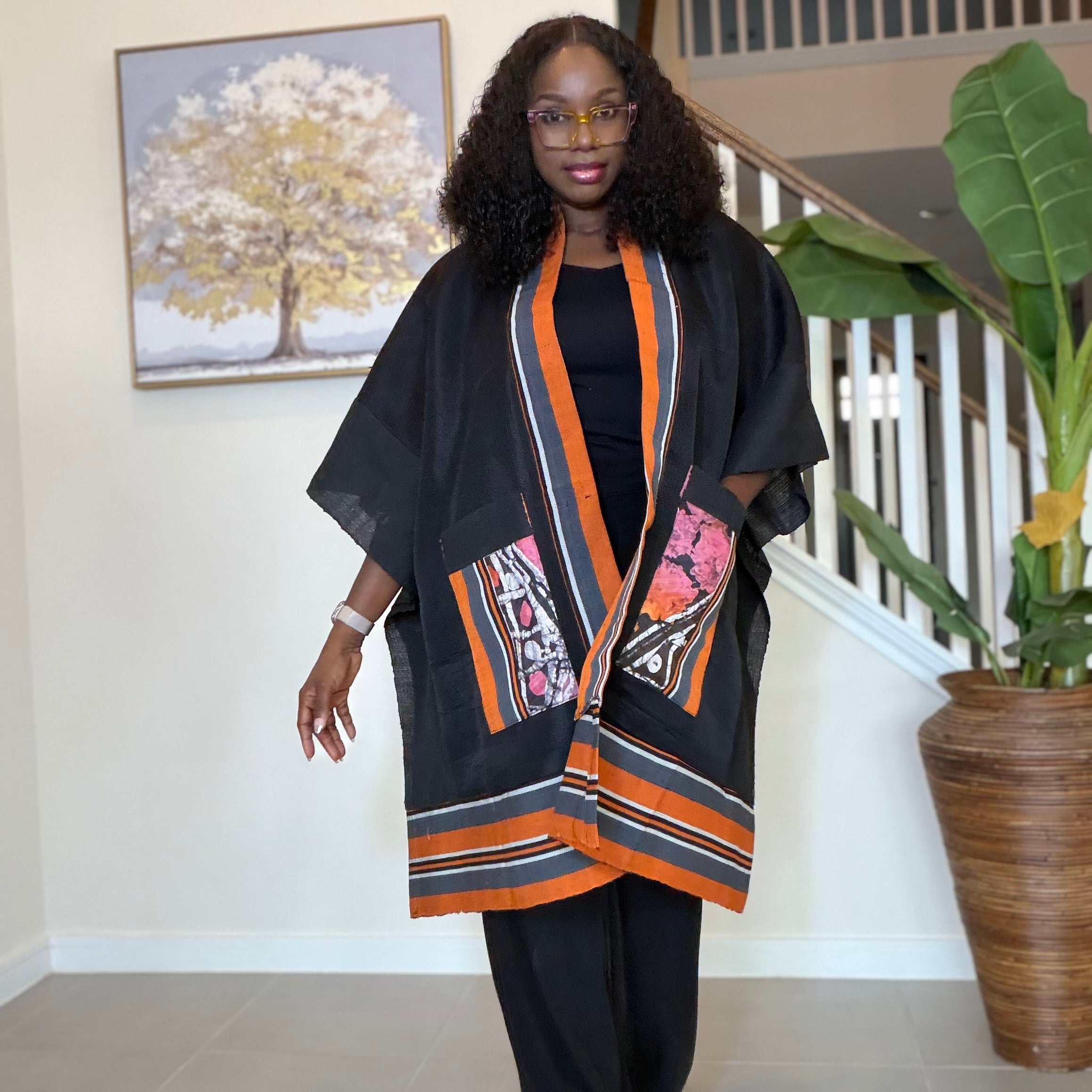 Handmade African Adire Aso Oke Kimono, Boho Festival Jacket