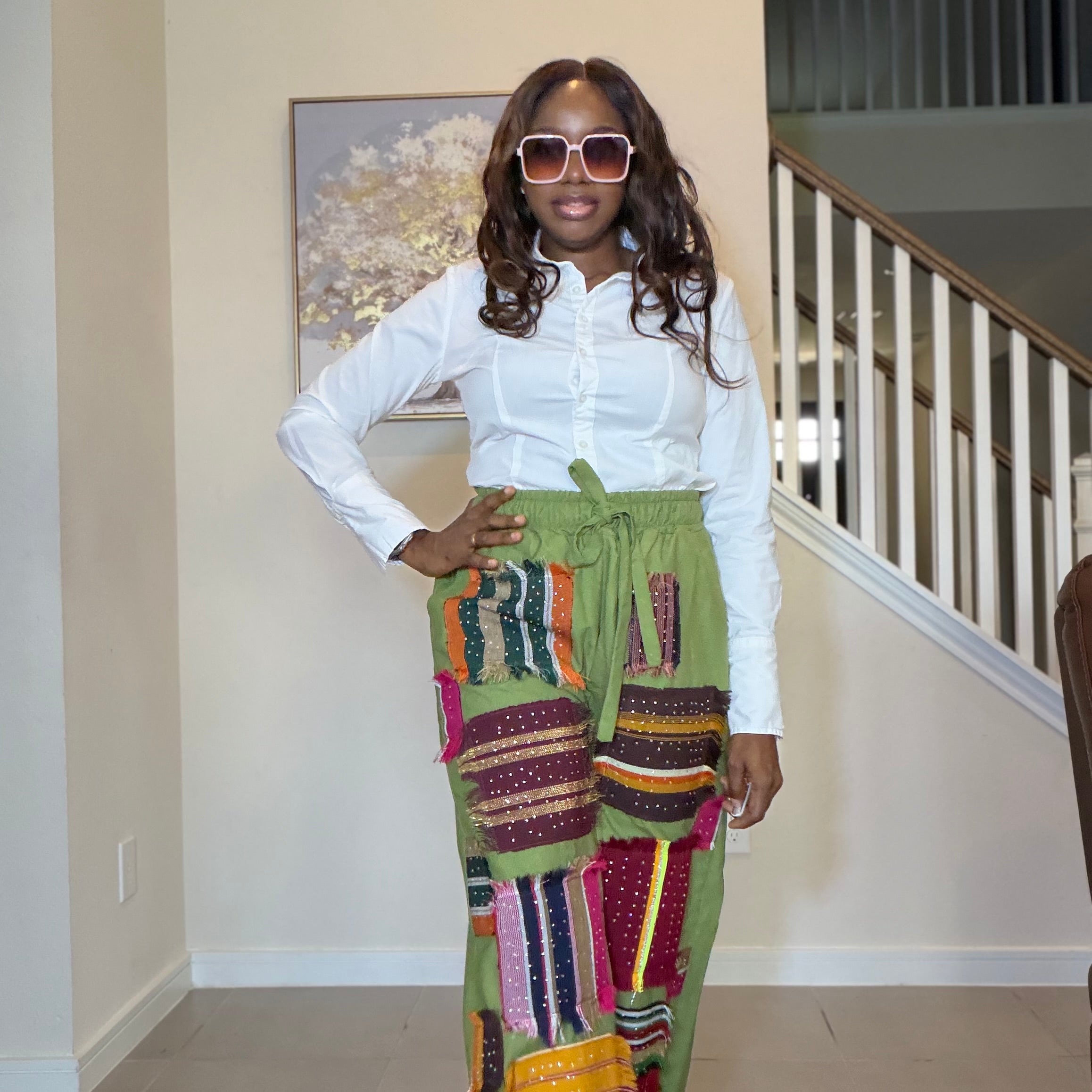 Luxury Linen Trousers with Stoned Aso Oke Patch