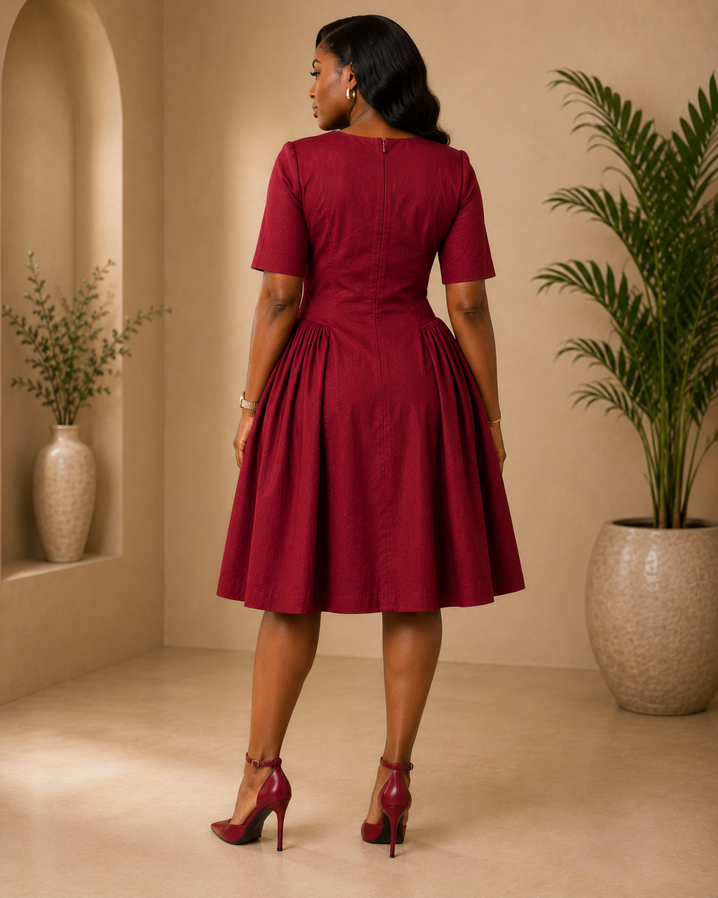 Elegant Mikado Silk Burgundy Midi Dress with Floral Appliqué Neckline Details-US 14
